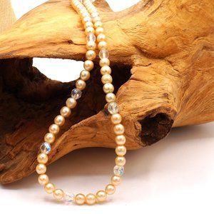 Vintage Golden Faux Pearl & Crystal Arora Borealis Necklace 22 Inch